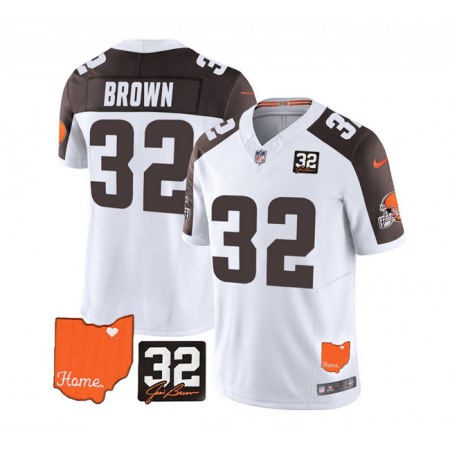 Men's Cleveland Browns #32 Jim Brown White/Brown 2023 F.U.S.E. With Jim Brown Memorial Patch Vapor Untouchable Limited Stitched Jersey