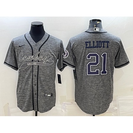 Men's Dallas Cowboys #21 Ezekiel Elliott Grey With Patch Cool Base Stitched Baseball Jersey