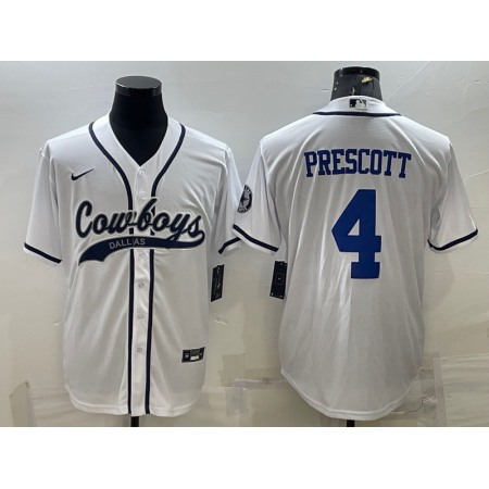 Men's Dallas Cowboys #4 Dak Prescott White With Patch Cool Base Stitched Baseball Jersey