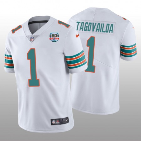 Men's Miami Dolphins #1 Tua Tagovailoa 2022 White With 50th Perfect Season Patch Limited Stitched Jersey