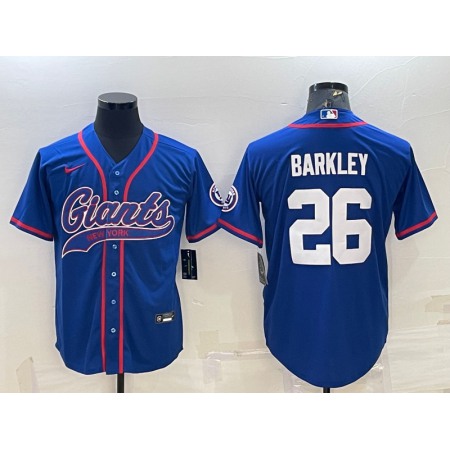 Men's New York Giants #26 Saquon Barkley Blue With Patch Cool Base Stitched Baseball Jersey