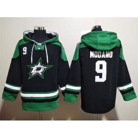 Men's Dallas Stars #9 Mike Modano Black Green Lace-Up Pullover Hoodie