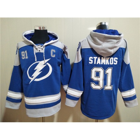 Men's Tampa Bay Lightning #91 Steven Stamkos Blue Ageless Must-Have Lace-Up Pullover Hoodie