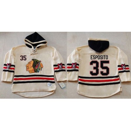 Blackhawks #35 Tony Esposito Cream Heavyweight Pullover Hoodie Stitched NHL Jersey