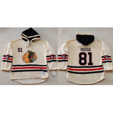 Blackhawks #81 Marian Hossa Cream Heavyweight Pullover Hoodie Stitched NHL Jersey