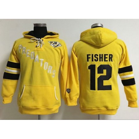 Nashville Predators #12 Mike Fisher Yellow Women's Old Time Heidi Hoodie NHL Hoodie