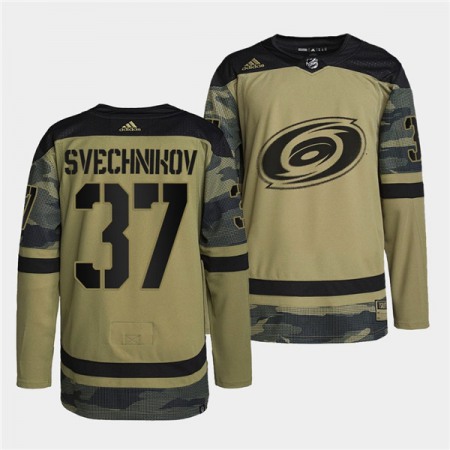 Men's Carolina Hurricanes #37 Andrei Svechnikov 2022 Camo Military Appreciation Night Stitched Jersey