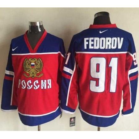 Red Wings #91 Sergei Fedorov Red/Blue Nike Stitched NHL Jersey