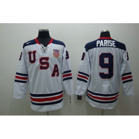 2010 Olympic Team USA #9 Zach Parise Stitched White 1960 Throwback NHL Jersey