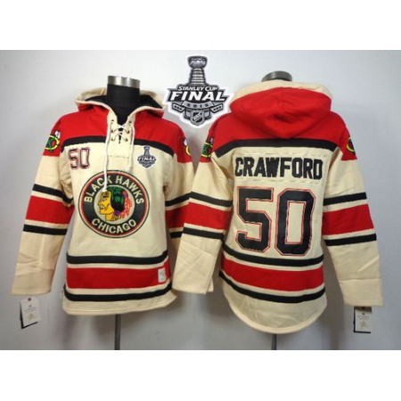 Blackhawks #50 Corey Crawford White Sawyer Hooded Sweatshirt 2015 Stanley Cup Stitched NHL Jersey