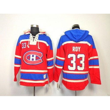 Canadiens #33 Patrick Roy Red Sawyer Hooded Sweatshirt Stitched NHL Jersey